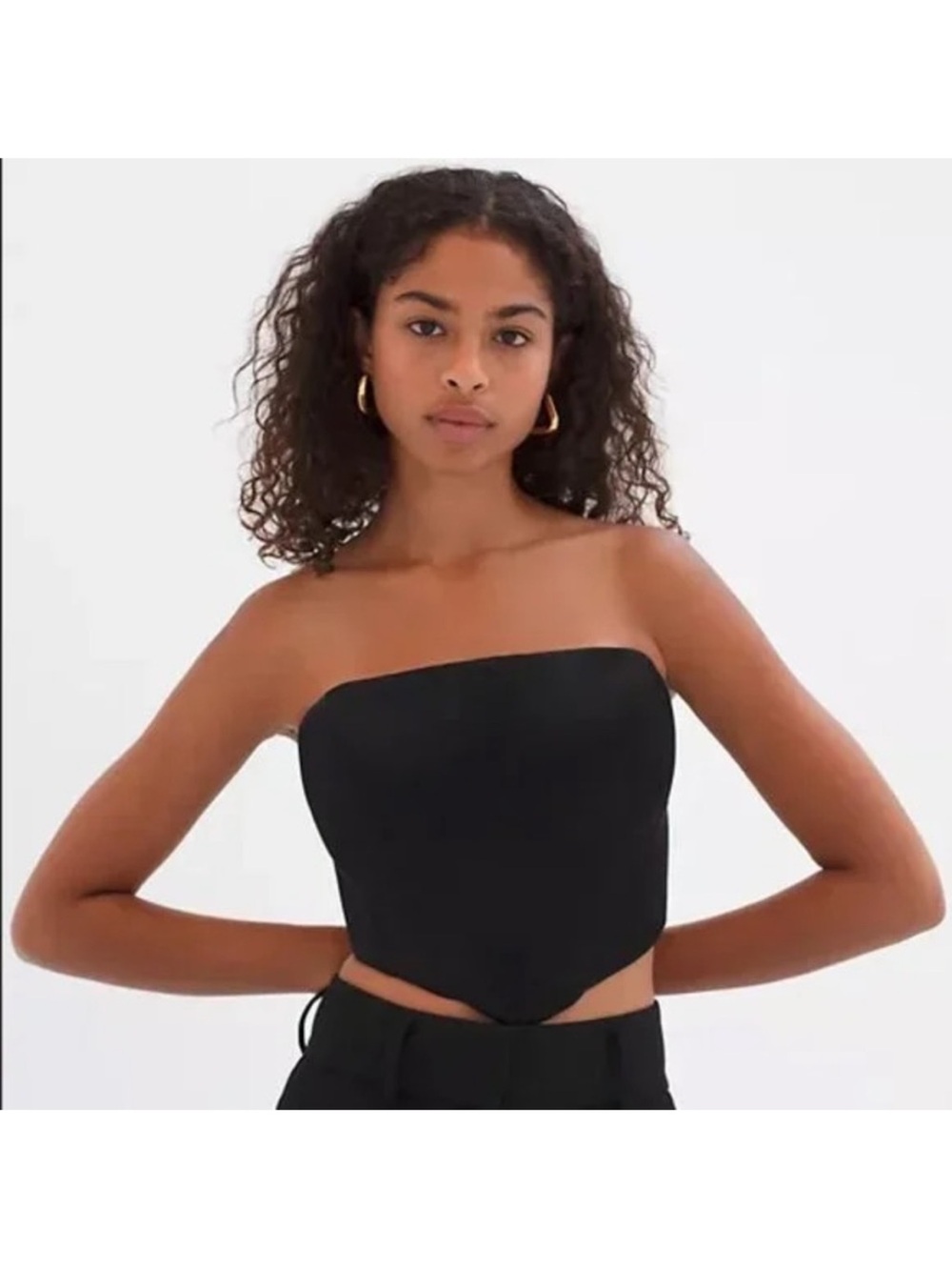 Babaton Black Strapless Satin Crop Top